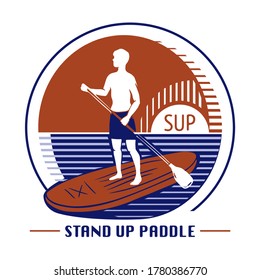 A man stands up on a paddle board in the sea at sunset or sunrise. Vector illustration, isolated silhouette. SUP surf school, paddleboarding sign logo.