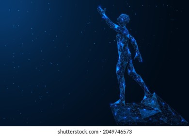 A man stands on the peak of a cliff and looks up. A low-poly construction of interconnected lines and dots. Blue background.
