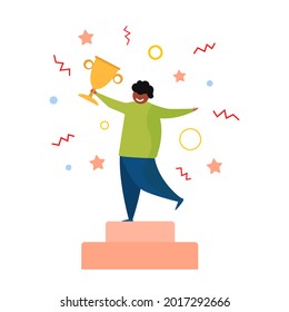 A man stands on a pedestal. Career ladder, landing page template. Development of skills, employees. Winner cup or profit on top. Happy African American businessman. Vector.