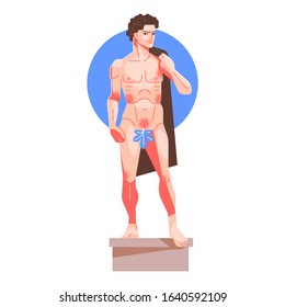 A Man Stands On A Pedestal In The Pose Of A Statue Of David With A Fig Leaf. Vector Illustration.