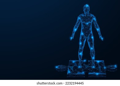 El hombre está parado en una pieza del rompecabezas. Diseño poligonal de elementos interconectados. Fondo azul.