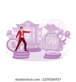 The man stands on a pile of coins, pointing at the tax bag with buildings in the background. Trend Modern vector flat illustration