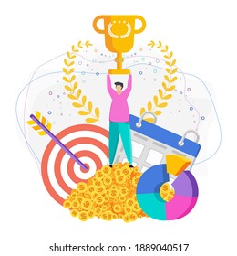 Man stands on a pile of gold coins and holds the winner cup above his head. Financial success, goal achievement, leader in the competitive race. Flat vector cartoon illustration.