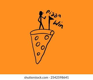 A man stands on a pizza slice, holding a flag and shouting 'Pizza Win!