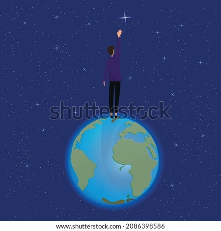 man stands on the planet Earth and tries to get a star from the sky. Vector illustration in a flat style. The concept of the place and the achievement of the goal