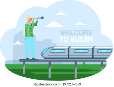 Man stands on platform of modern railway with high-speed train and looks through telescope. Guy on excursions in South Korea. Person traveler is resting against sky and nature, welcome to Busan city