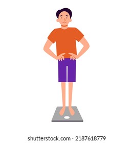 A man stands on the scales. Control of excess weight.
