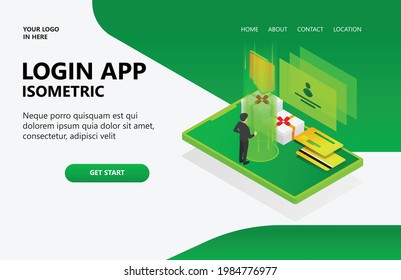 A man stands on a smart phone, in front of him there are several prizes and he is required to register or login first before taking the prize. isometric concept vector illustration