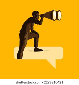 A man stands on a speech bubble searching for answers and truth. Analysing conversations, reports and assignments vector illustration.