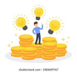 Man stands on stack of golden coins with glowing lightbulbs. Creative financial concept of making money from ideas. Simple trendy cute cartoon character vector illustration. Flat style graphic design.