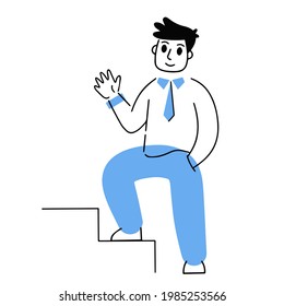 Man stands on stairs. Career concept. First step. Smiling Business character. Gesture of approval and greeting. Ground floor and level. Outline modern illustration