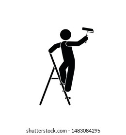  man stands on a stepladder and paints a wall with a roller, sticks figure isolated pictogram, man icon