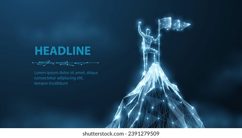 Man stands on the top of digital mountain. Company leader, Achieve victory, Challenge triumph, Technology winner, Business growth, Leadership concept, Entrepreneurial success, Digital success concept