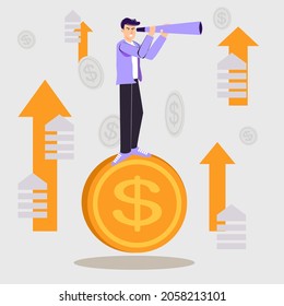 A man stands on top of the golden coin,binoculars in hand, scanning something like a leader. business concept
