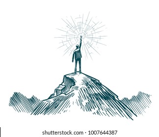 Man stands on top of mountain with torch in hand. Business, achieving goal, success, discovery concept. Sketch vector illustration