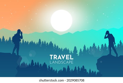 Man stands on top of a mountain yelling. Man hears a cry. Collaboration. Travel concept of discovering, exploring and observing nature. Hiking tourism. Adventure. Minimalist graphic flyers. Vector