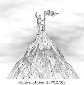 Man stands on the top of mountain. Company leader, Achieve victory, Challenge triumph, Technology winner, Business growth, Leadership concept, Entrepreneurial success, Digital success concept.