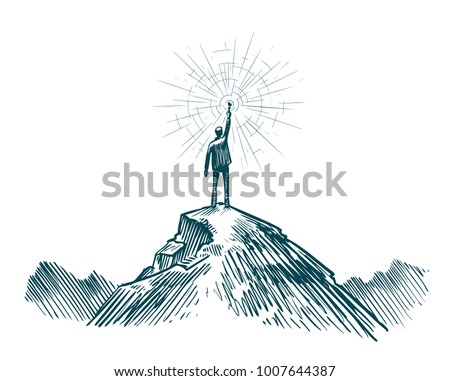 Man stands on top of mountain with torch in hand. Business, achieving goal, success, discovery concept. Sketch vector illustration