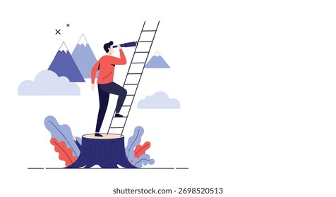 A man stands on a tree stump, looking through a telescope at a ladder leading towards distant mountains, symbolizing future vision and exploration.