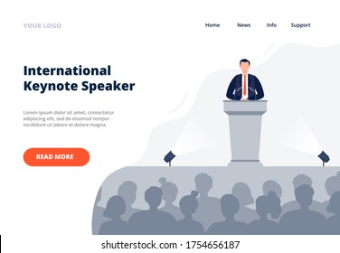 A Man Stands On The Tribune And Speaks To An Audience. Politics, Debates, Or International Press Conference Concept. Public Speaking Landing Page Template. Flat Vector Illustration.