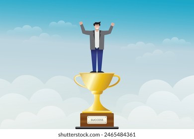 a man stands on a trophy with his hands raised against a cloudy blue sky background