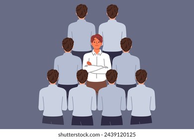 Man stands out from crowd of business colleagues due to individuality or better professional skills. Guy office clerk demonstrates individuality and readiness for non-trivial problem solving