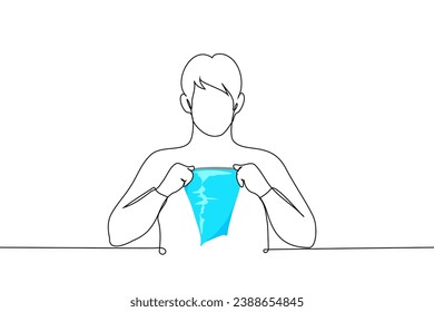el hombre está de pie con un paquete de refrigerios, abriéndolo con ambas manos - un vector de arte de una línea. amor por el concepto de patatas fritas y otros tentempiés, comida rápida
