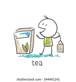 man stands with a pack of tea illustration