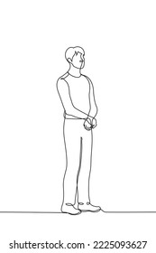 man stands with palms together - one line drawing vector. concept good posture, stand obediently or waiting, listening or watching someone