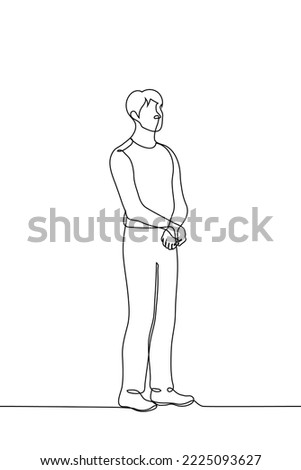 man stands with palms together - one line drawing vector. concept good posture, stand obediently or waiting, listening or watching someone