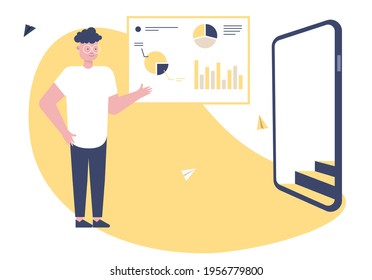 A man stands with a plan chart on the right a large telephone with steps