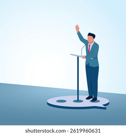 Um homem está em um pódio acima de uma bolha de bate-papo. Uma ilustração metafórica de falar, expressar opiniões e comunicação saudável.