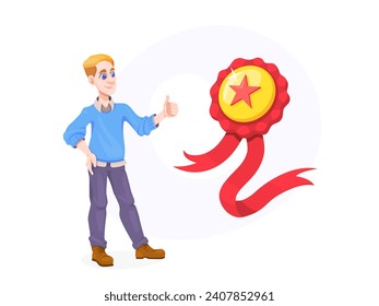 The man stands and points to award ribbon. The concept of victory and successful project. Nice vector UI illustration for your business.