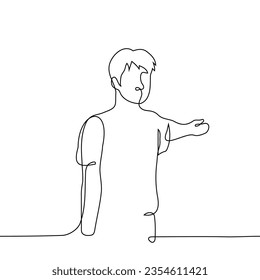 hombre de pie y señala su mano en algún lugar detrás de él mirando al espectador - un vector de arte de una línea. concepto para invitar o mostrar direcciones, un guía está dirigiendo un tour, pidiendo a alguien que se vaya