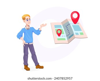 The man stands and points to map. The concept of successful delivery and logistics. Nice vector UI illustration for your business.