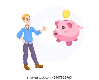 The man stands and points to piggy bank. The concept of successful investment. Nice vector UI illustration for your business.