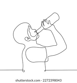 man stands in profile and drinks from a glass bottle - one line drawing. concept quench thirst, drink from a bottle