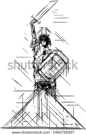 A man stands, raising his sword and holding a shield in his other hand. It is located at the top of the pyramid.