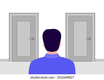 Man stands in rear view of closed doors and has choice. Alternative doorway. Choice concept. Vector illustration 