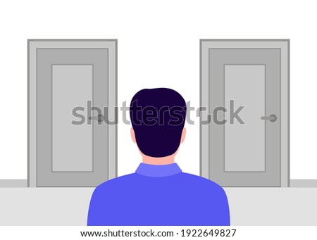 Man stands in rear view of closed doors and has choice. Alternative doorway. Choice concept. Vector illustration 