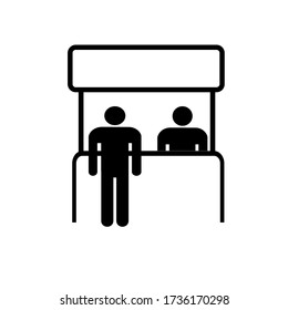A man stands at the reception. The customer is at the checkout. A tourist standing at the front Desk. Black and white icon. Vector illustration