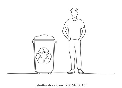 man stands with recycling bin, prominently displaying a sign that reads Recycle for environmental awareness One line continuous line art vector illustration on white background