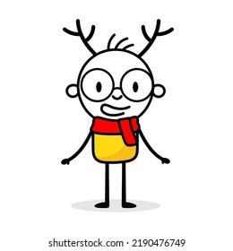 Hombre de pie con bufanda roja y cuernos de ciervo. Caricatura del concepto de personaje de Navidad. Ilustración aislada del material vectorial.