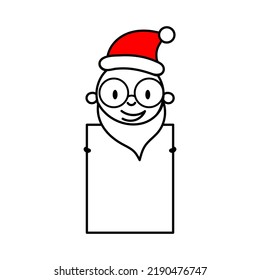 Hombre parado en Santa sombrero y barba blanca sosteniendo un cartel en blanco. Caricatura del concepto de personaje de Navidad. Ilustración aislada del material vectorial.