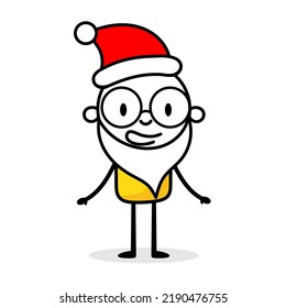 Man stands in Santa hat and white beard. Cartoon Christmas character concept. Isolated vector stock illustration.