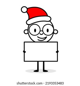 Man stands in Santa hat and white beard holding a blank banner. Cartoon Christmas character concept. Isolated vector stock illustration.