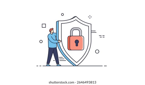 Homem de pé com um escudo e cadeado representando a tecnologia de proteção de segurança da Internet