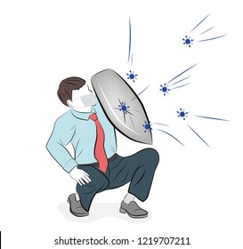 man stands with a shield. protected from viruses. concept of protection against diseases. vector illustration.