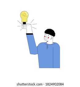 man stands and shows eureka gesture with a light bulb. The boy has an idea. Vector illustration in flat cartoon style.