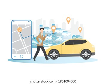 Man stands with smartphone, car. Paved path to designated point of city by gps on map, navigator. Location of guy has been established. Calling taxi, renting car sharing in application, website.